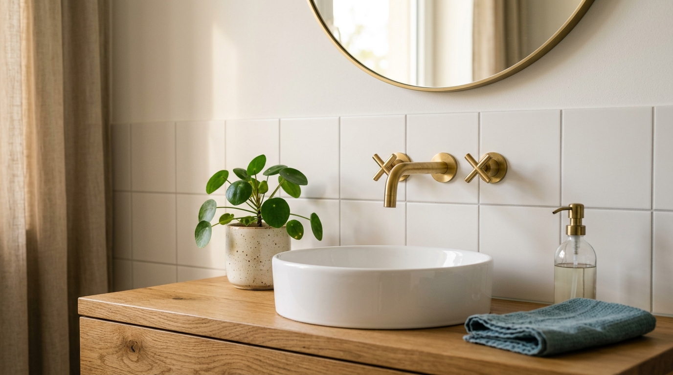 Modernes Badezimmer mit Fliesenfugen im Detail, sinnbildlich für einen typischen Wasserschadens-Bereich.