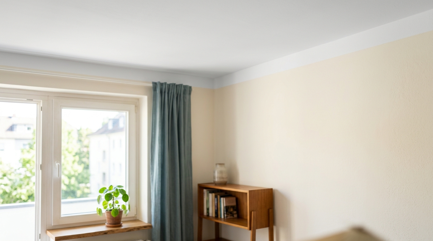 Sanierte, trockene Zimmerdecke in einer Wohnung nach Wasserschaden aus der Wohnung darüber.