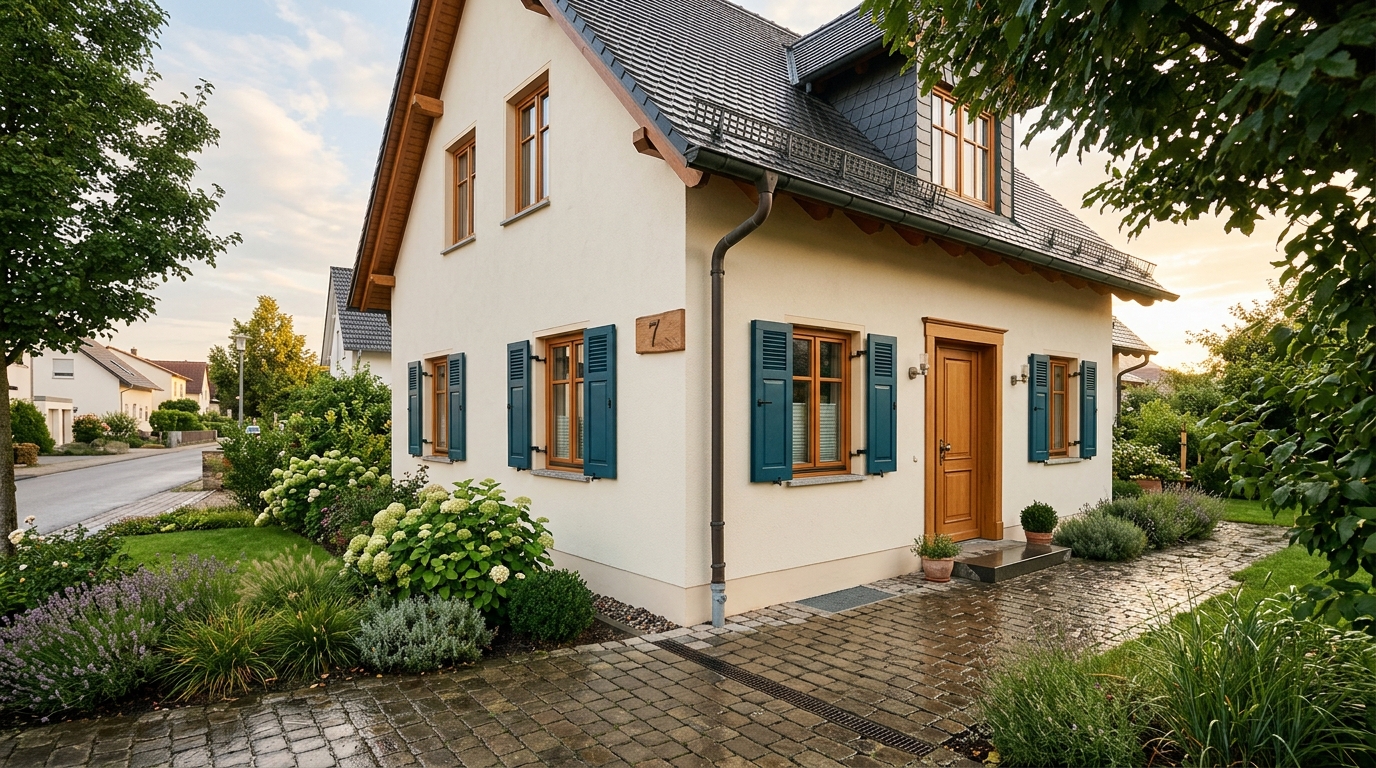 Trockenes, geschütztes Wohnhaus nach Starkregen, ruhiger Himmel, sanierte Fassade.